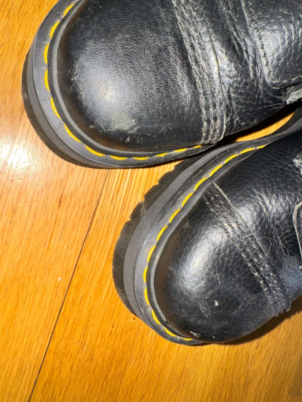 Dr. Martens Black Leather Platform Zip Front Boots with Yellow Stitching - Picture 4 of 4
